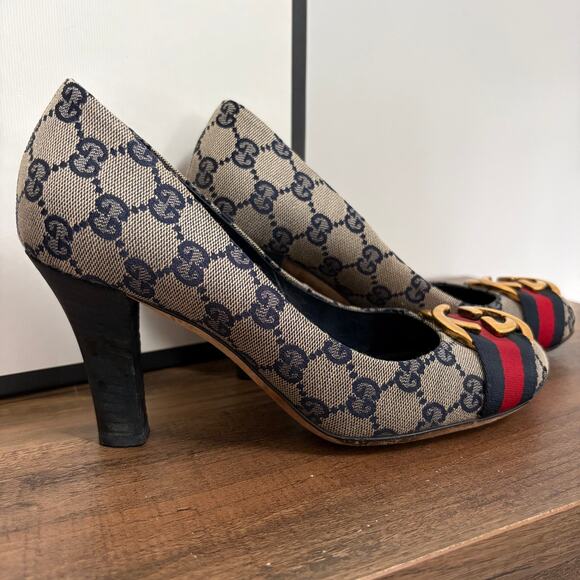 GUCCI Interlocking GG Monogram Web Canvas Heels 37.5 Box Authenticated COA 7.5 - Picture 5 of 14